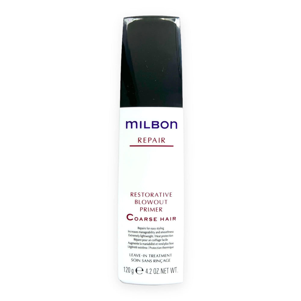 Milbon primer restaurador para secado profesional, cabello grueso, botella; protege del calor y suaviza las cutículas.