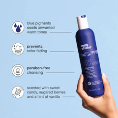 milk_shake cold brunette shampoo, pigmento azul visible, neutraliza tonos rojos para un acabado más frío.