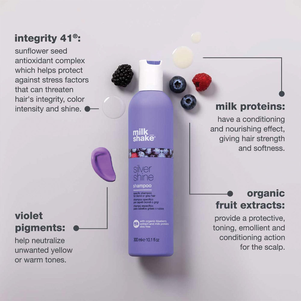 milk_shake Silver Shine cabellos rubios con brillo neutralizados gracias al pigmento violeta.