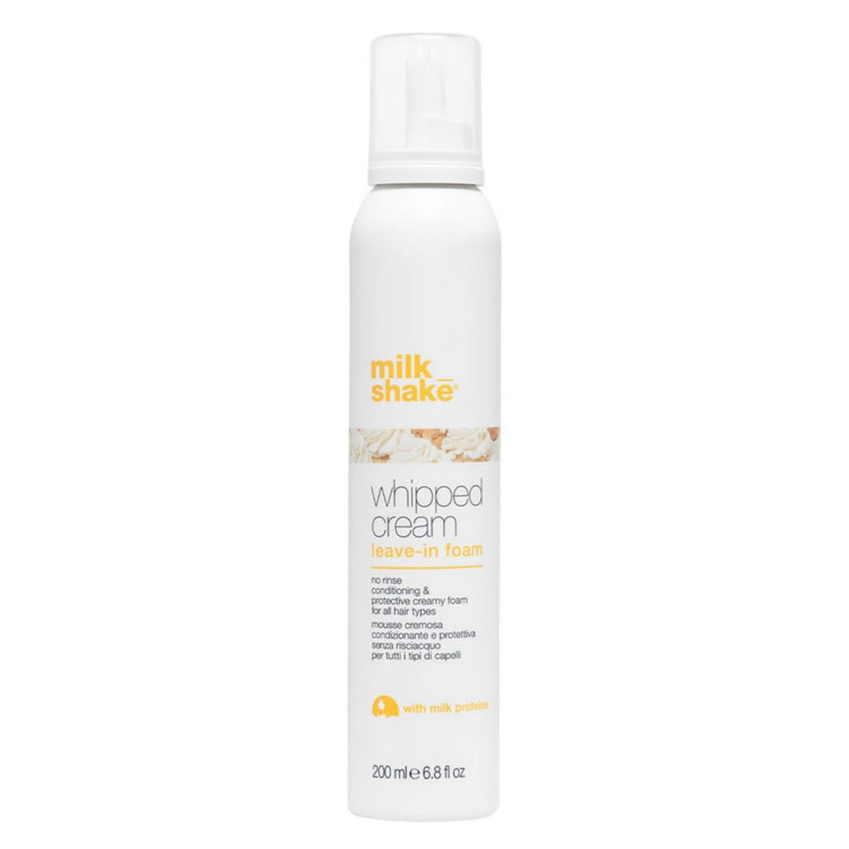 milk_shake presenta textura espuma cremosa para hidratación ligera en el cabello.