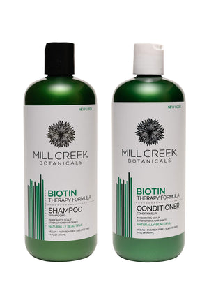 Mill Creek Botanicals Biotin Shampoo y Conditioner, set para fortalecimiento capilar y cuidado diario.