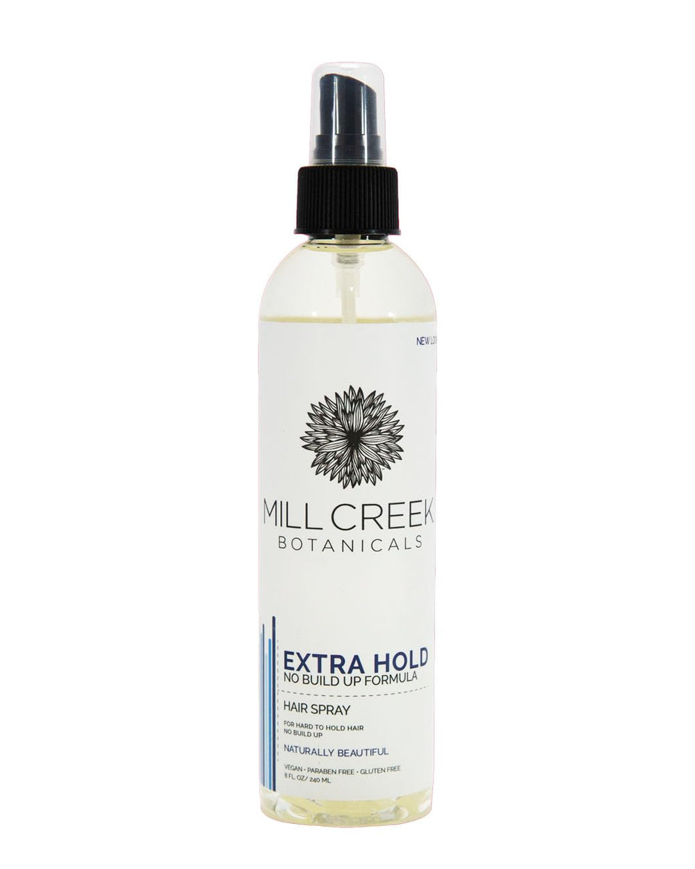 Spray natural para cabello Mill Creek primer plano de la botella con fijación duradera.