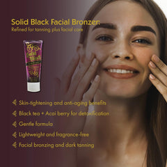 Aplicación equilibrada del bronceador facial en la cara