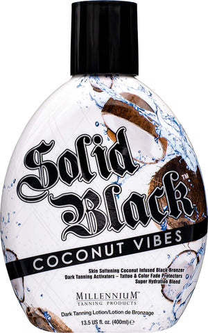 Millennium Tanning Solid Black Coconut Vibes, botella bronceado profundo para tono uniforme.