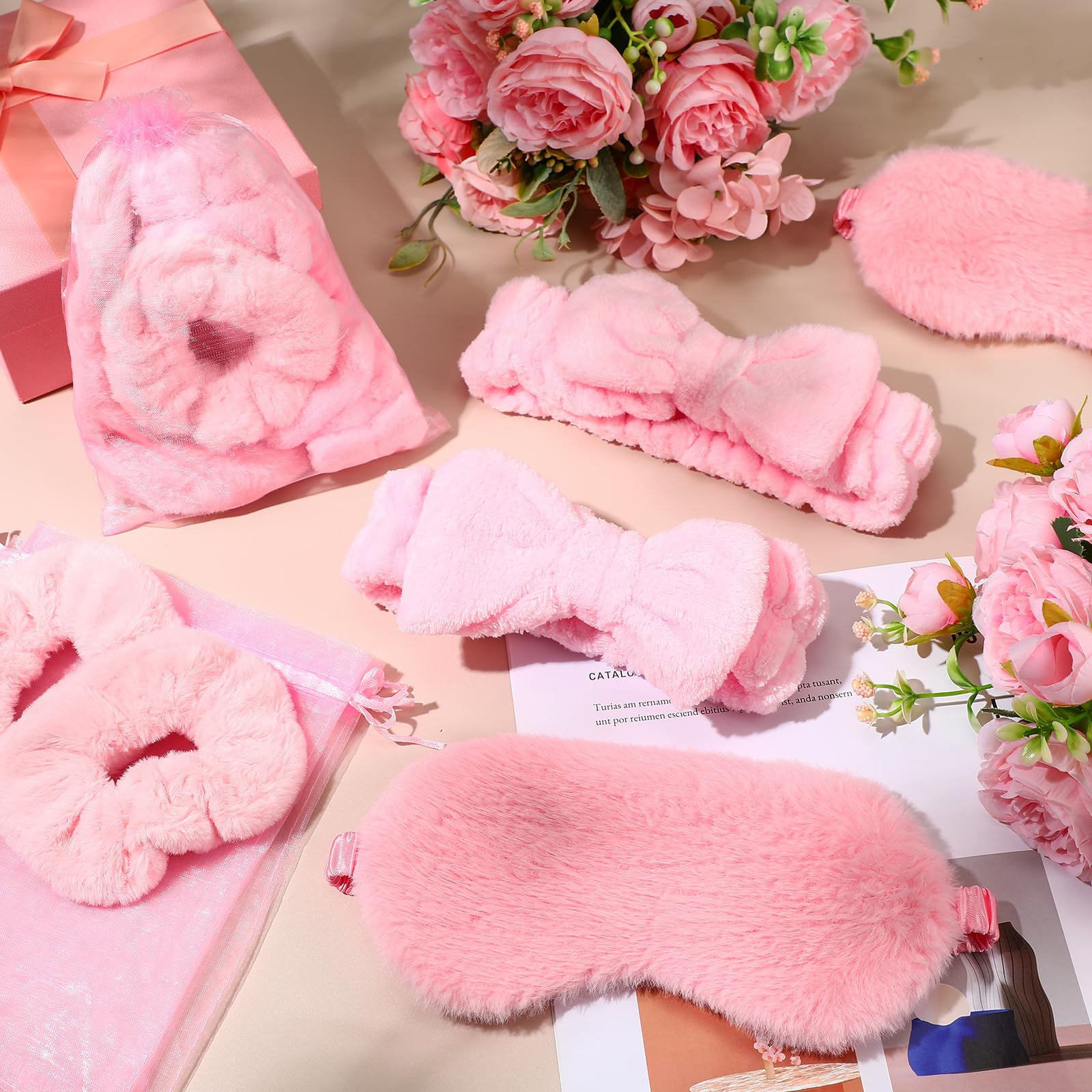 Mimorou gomitas-de-velvet spa rosa, suaves y resistentes para peinados durante spa en casa.
