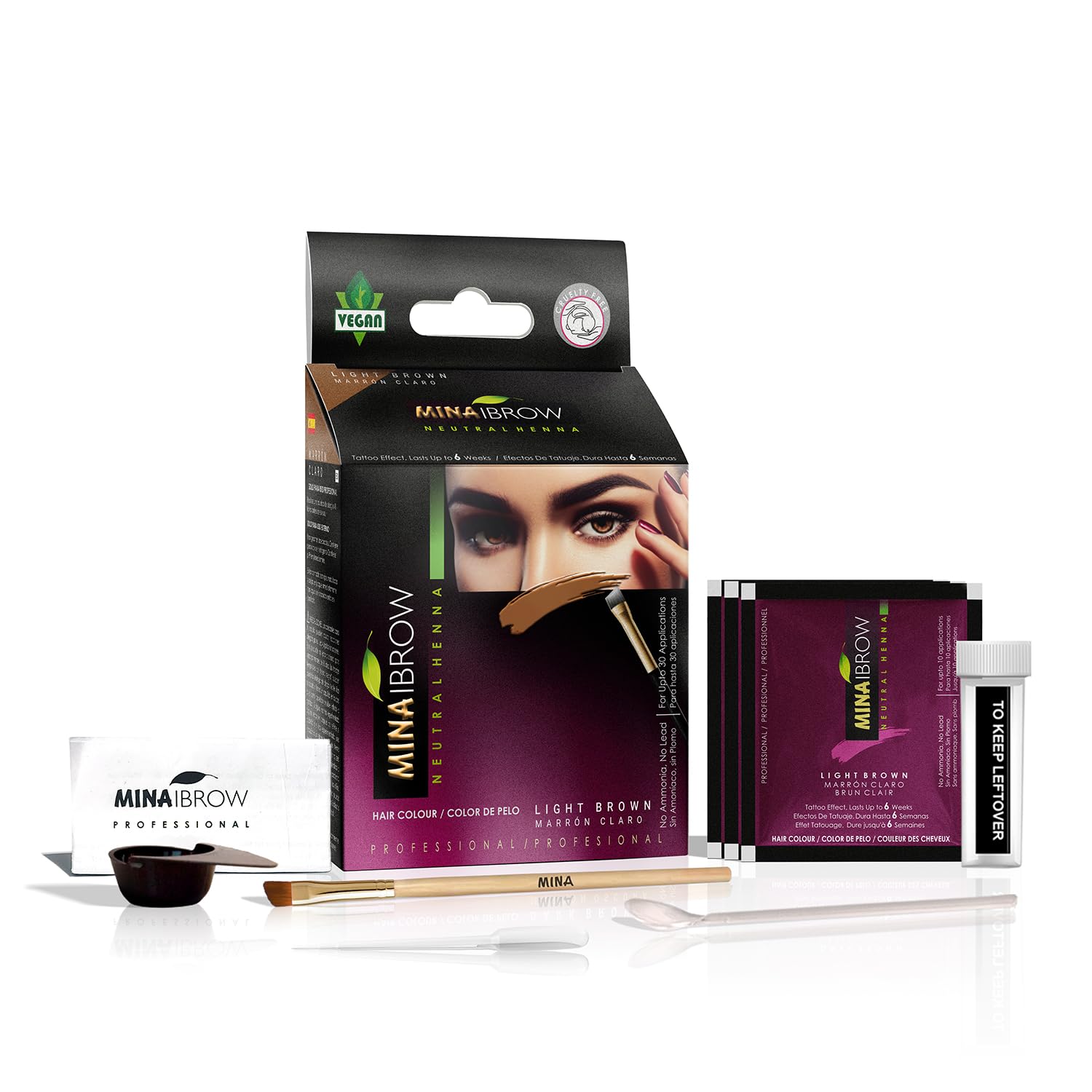 MinaiBrow Instant Hair Dye Kit en tono castaño claro, color natural y duradero.