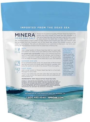 Minera sal del mar muerto, grano fino, disuelve rápido para baño diario.
