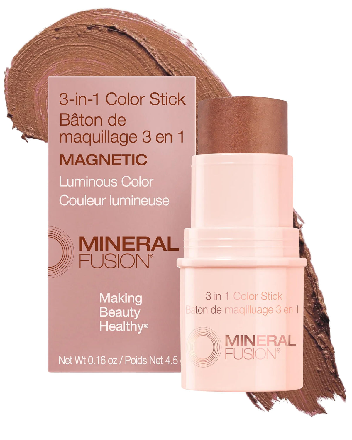 Mineral Fusion 3-en-1 Color Stick aporta bronce suave para mejillas.