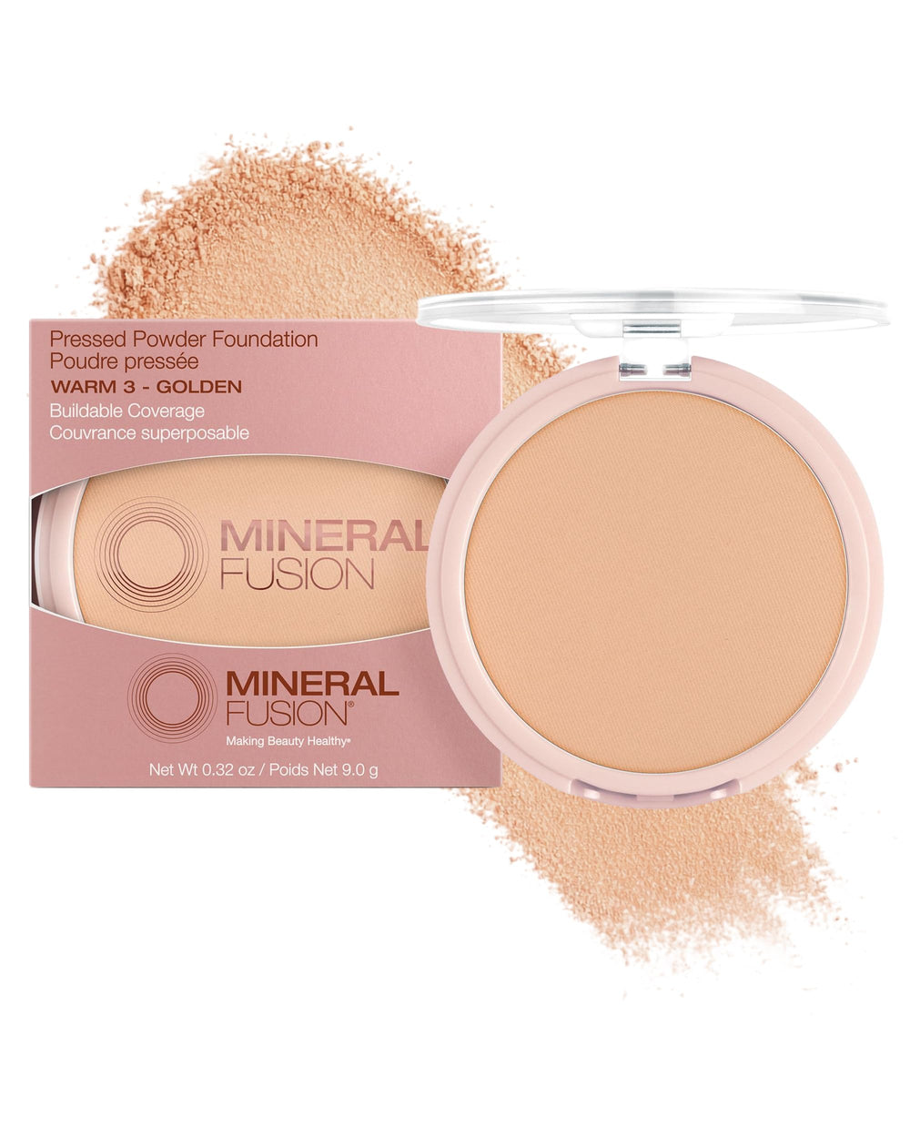 Mineral Fusion: base polvo compacto frente, acabado mate para piel uniforme.