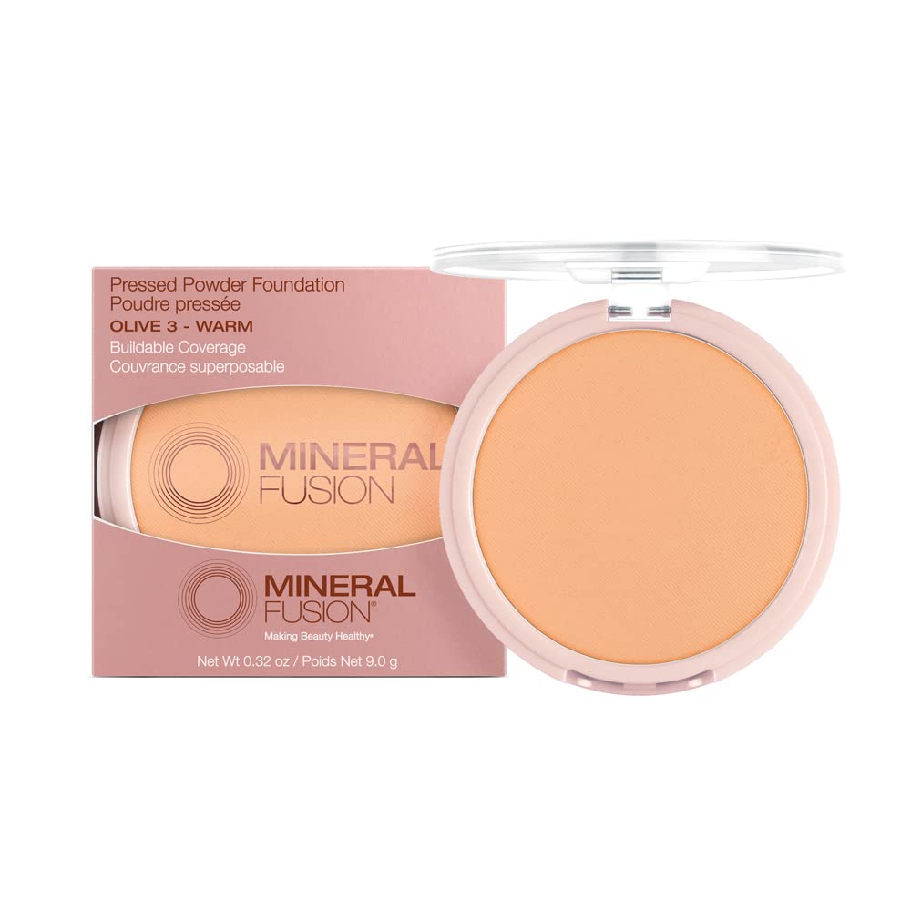 Polvo compacto Mineral Fusion Olive3 para un acabado natural sin brillo.