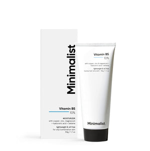 Minimalist Vitamina B5 10% crema facial en envase, hidratación ligera para piel grasa.