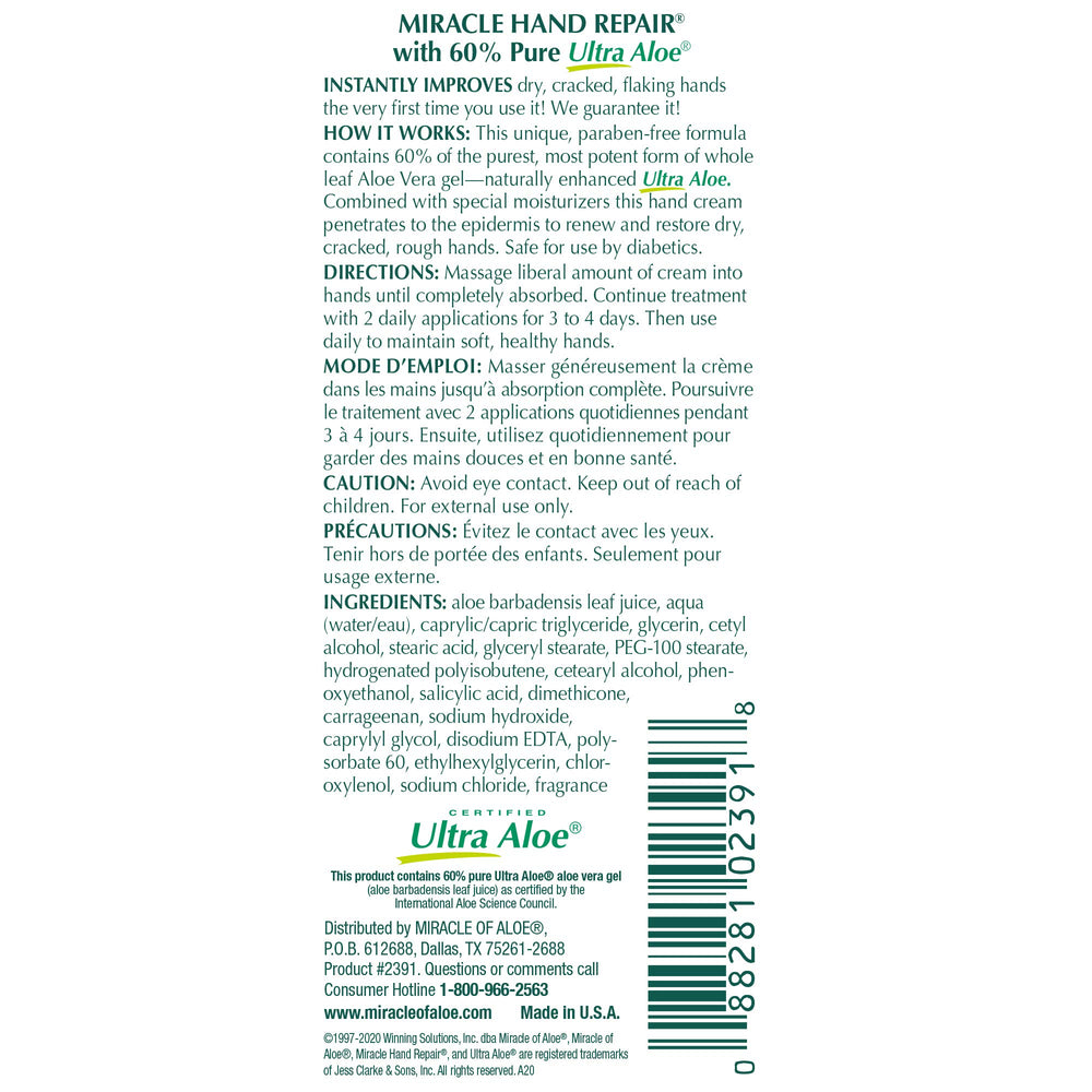 Miracle of Aloe crema para manos, usos versátiles en cuerpo y manos.