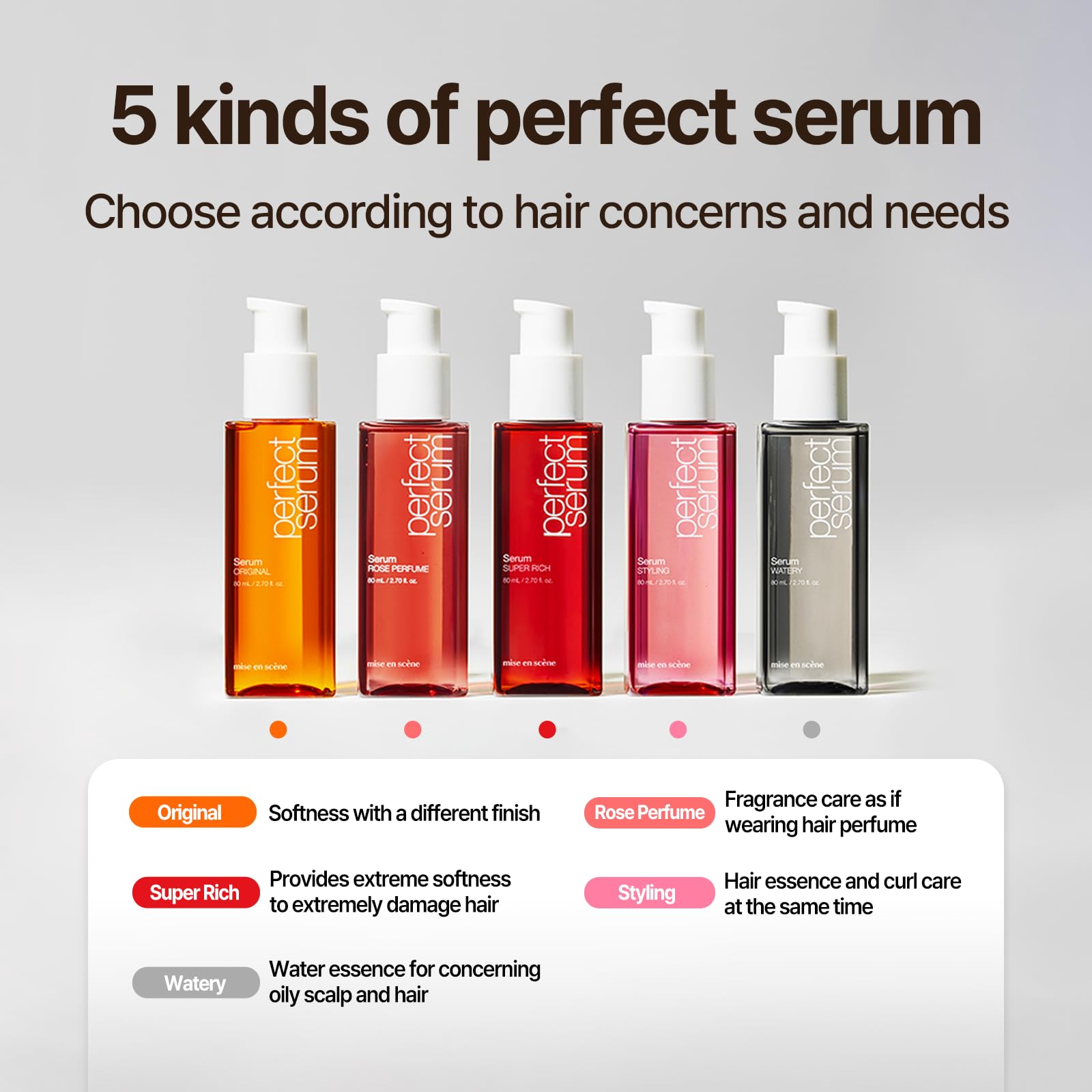 Mise En Scene Sérum Súper Rico, fórmula sin alcohol para todo tipo de cabello.