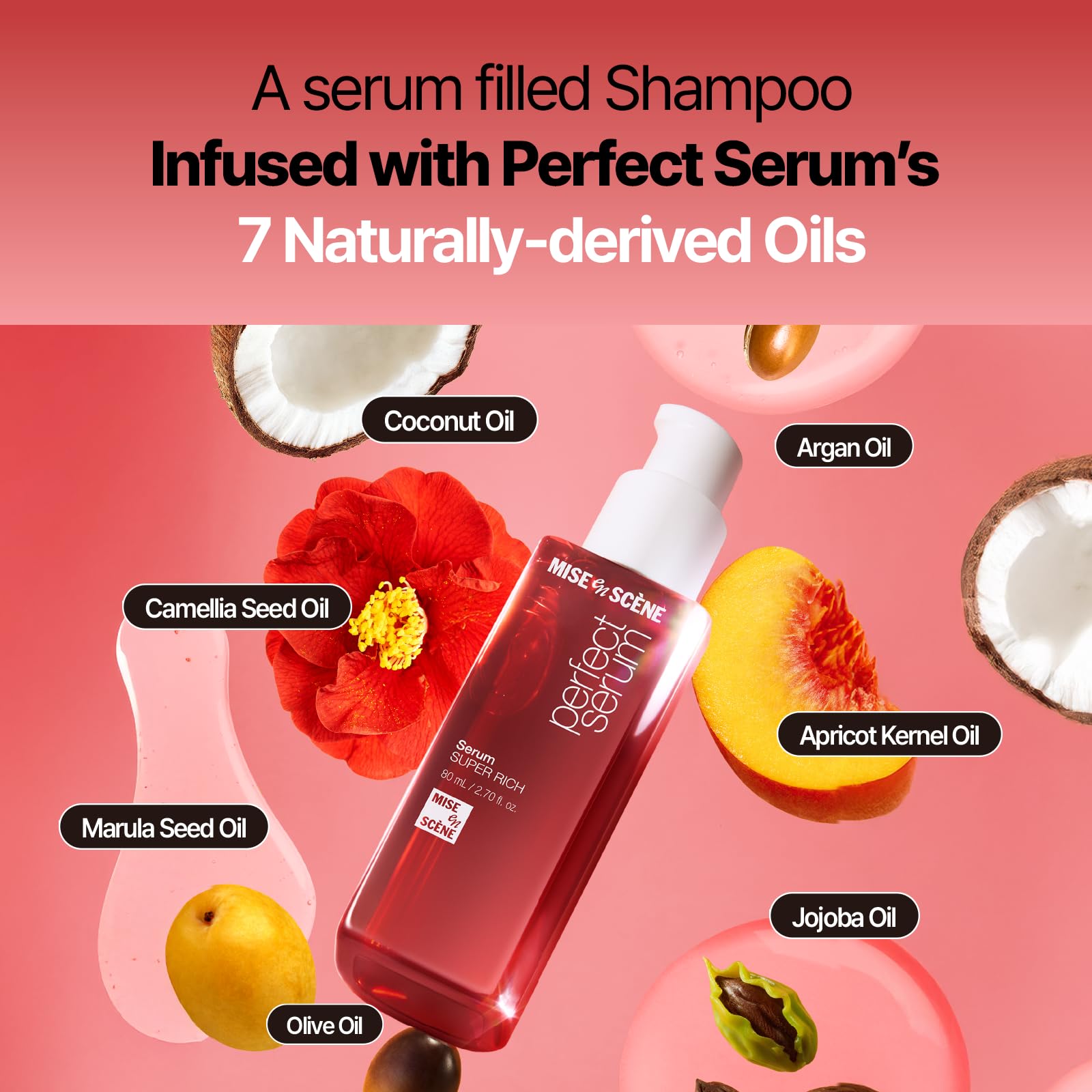 Mise En Scene Perfect Serum Super Rich Shampoo, aplicación suave que facilita el peinado y revitaliza el cabello.