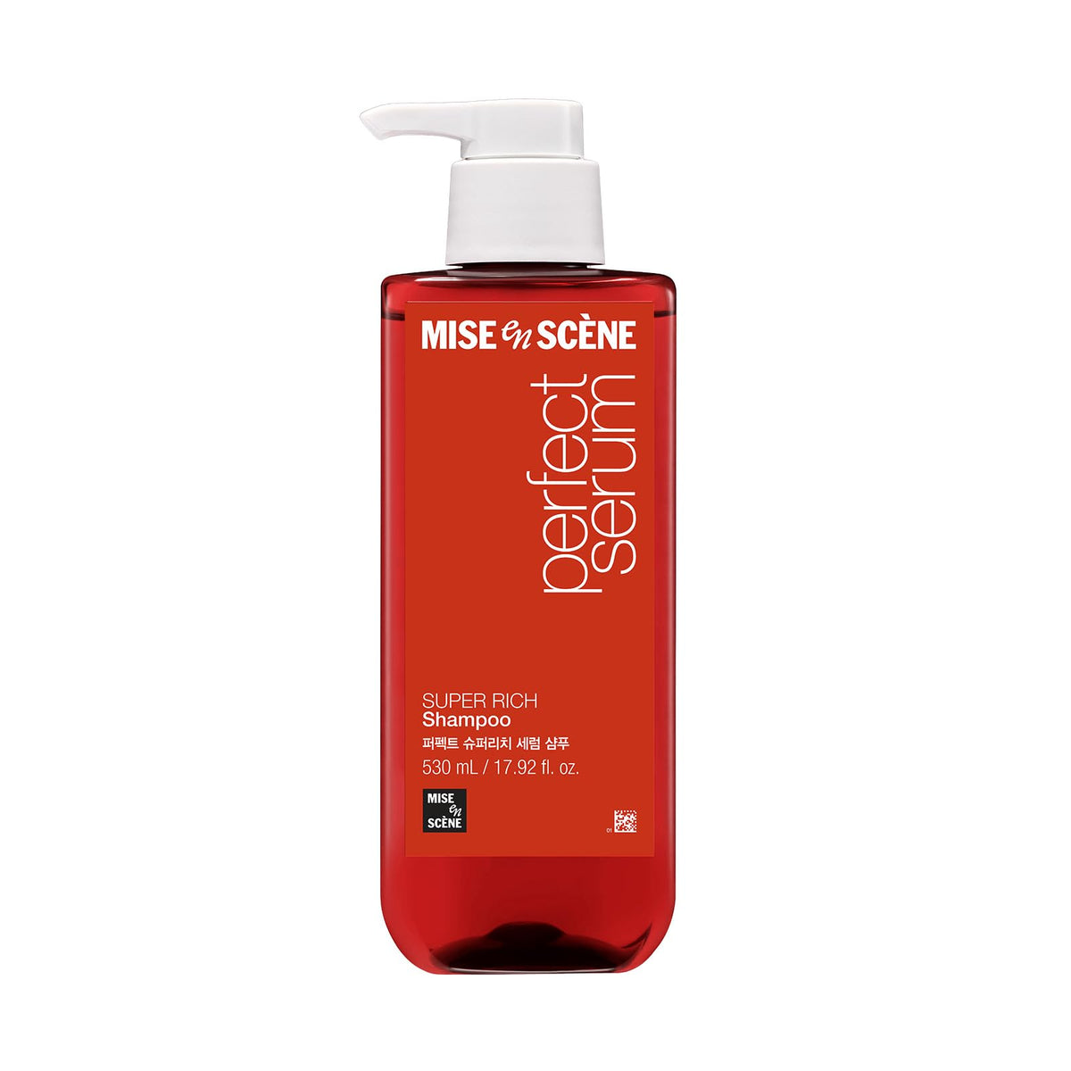 Mise En Scene Perfect Serum Super Rich Shampoo, botella, limpieza suave y nutrición para cabello dañado.