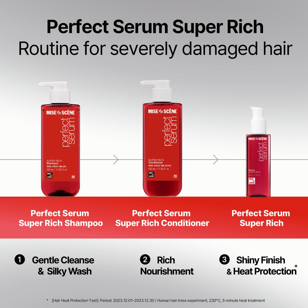 Mise En Scene Perfect Serum Super Rich Shampoo, cabello con brillo y mayor control del frizz.