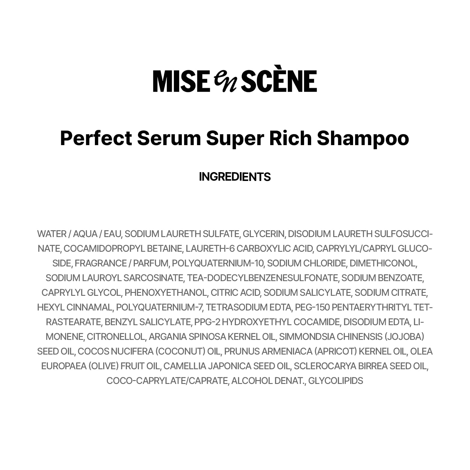 Mise En Scene Perfect Serum Super Rich Shampoo, rutina de lavado que complementa la línea Perfect Serum.