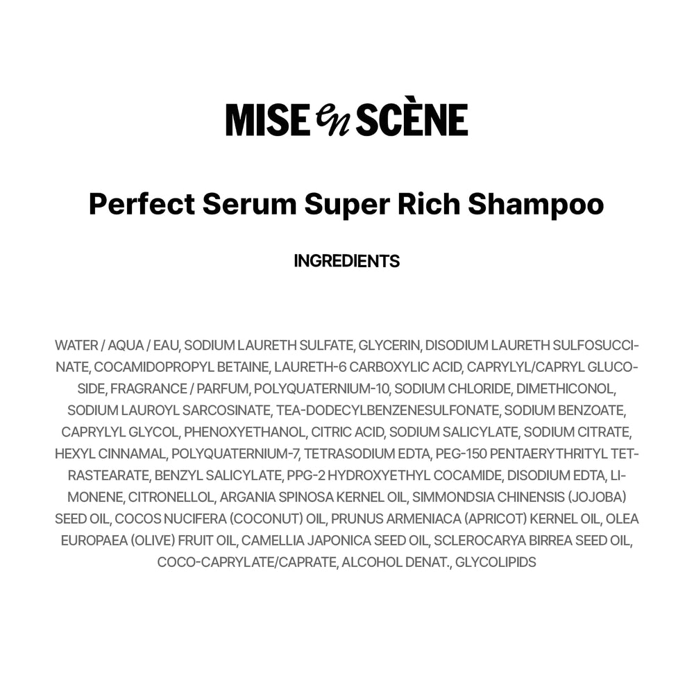 Mise En Scene Perfect Serum Super Rich Shampoo, rutina de lavado que complementa la línea Perfect Serum.