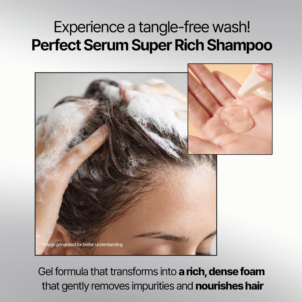 Mise En Scene Perfect Serum Super Rich Shampoo, textura gel-crema que levanta la espuma y cuida las fibras.