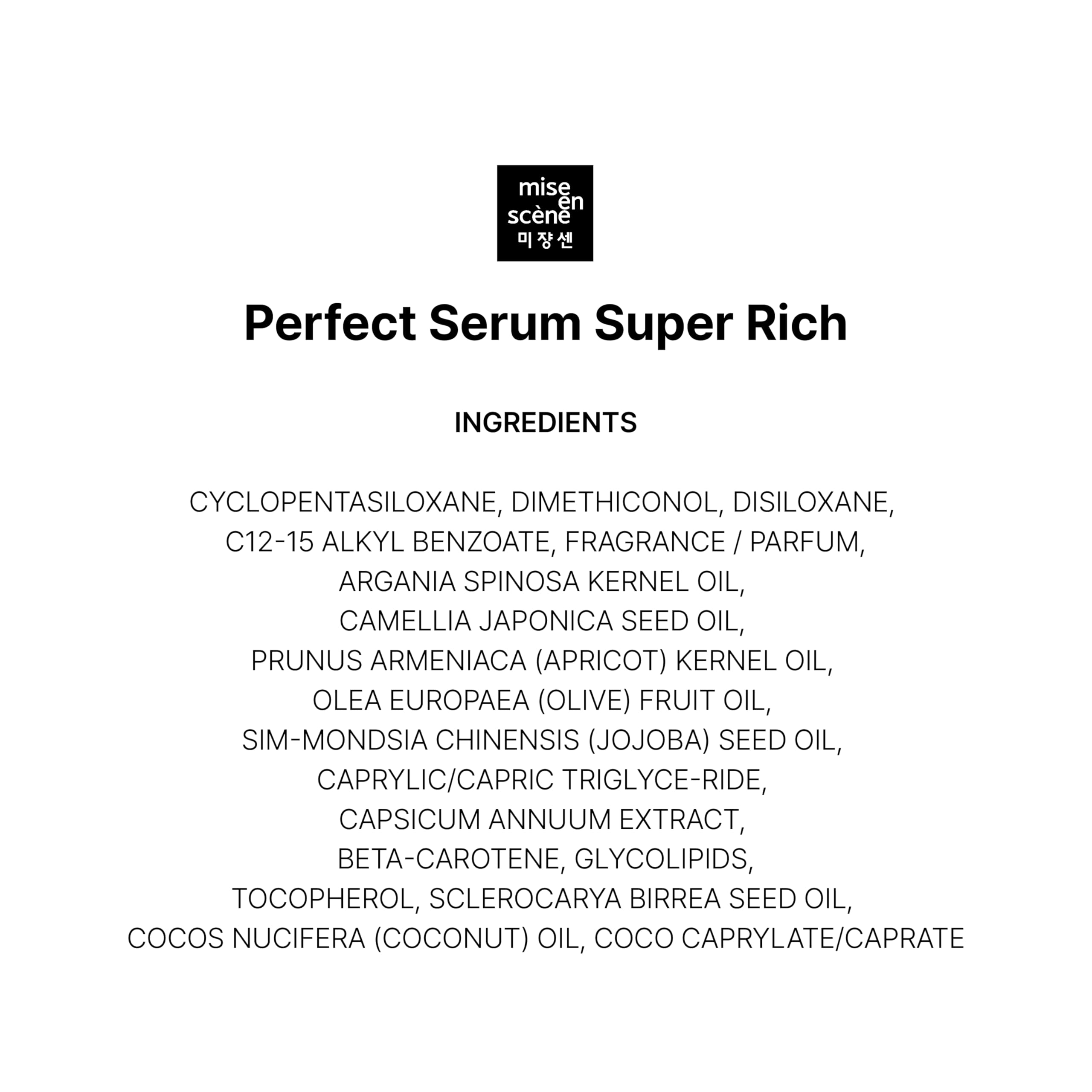 Mise En Scene Sérum Súper Rico, uso diario para suavidad y manejo sencillo.