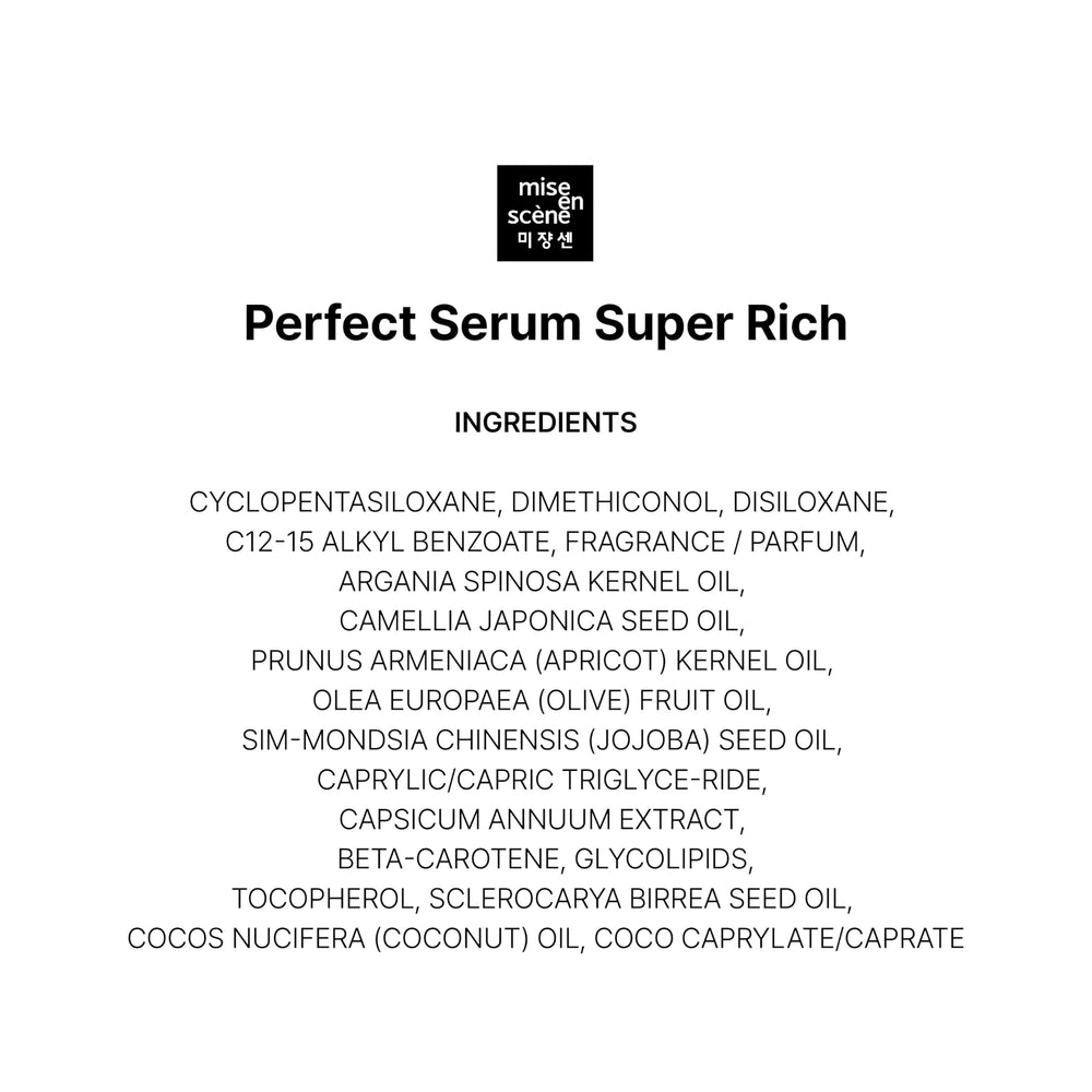 Mise En Scene Sérum Súper Rico, uso diario para suavidad y manejo sencillo.