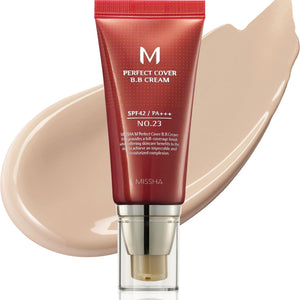 MISSHA M Perfect Cover BB crema no23, frente con tono natural para piel uniforme.
