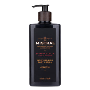 Mistral Bourbon Vanilla, botella derramando, aroma masculino duradero para uso diario.