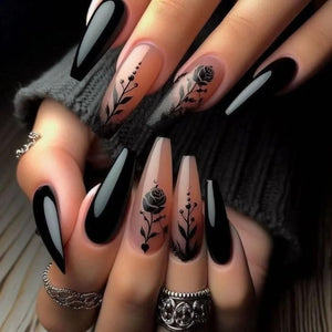 MISUD uñas press on largas forma ataúd negras con rosa para look nocturno.