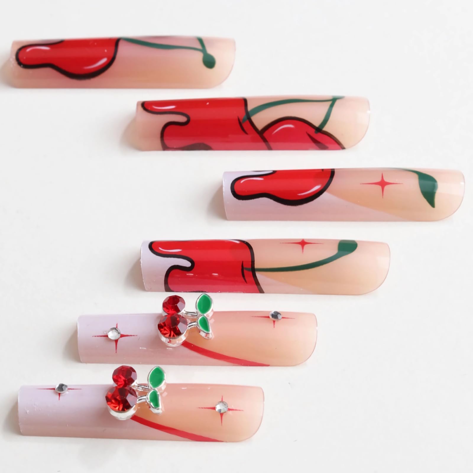 MISUD diseño frances blanco con cereza y cristales, uñas postizas para evento especial.