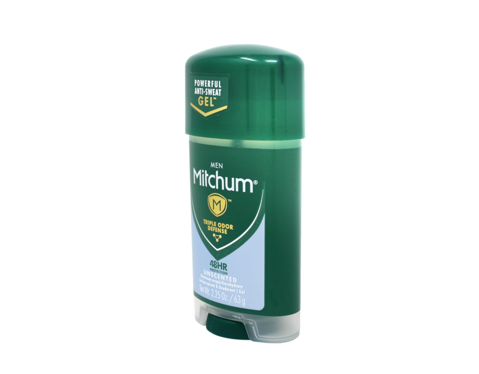Aplicación clara y limpia del desodorante gel Mitchum para hombre.