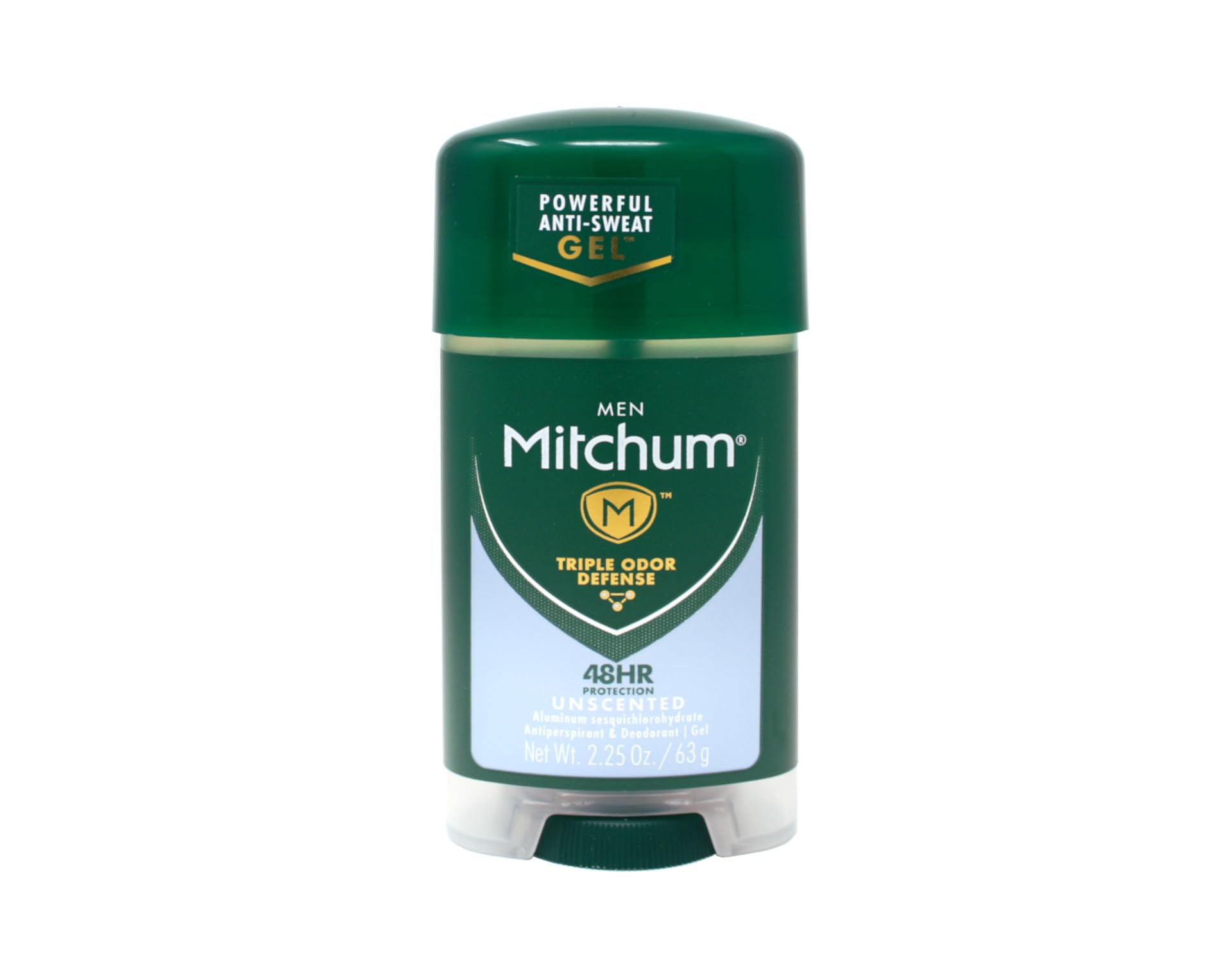 Desodorante Mitchum gel sin perfume, etiqueta neutra legible, uso diario.