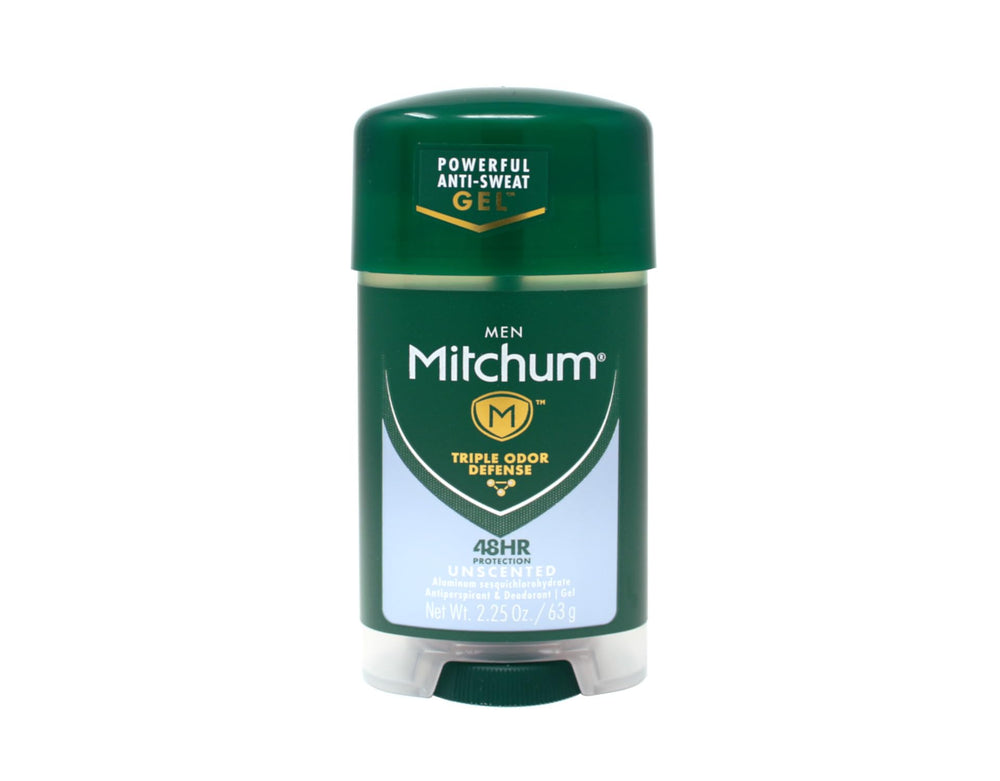Desodorante Mitchum gel sin perfume, etiqueta neutra legible, uso diario.