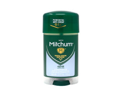 Desodorante Mitchum gel sin perfume, etiqueta neutra legible, uso diario.