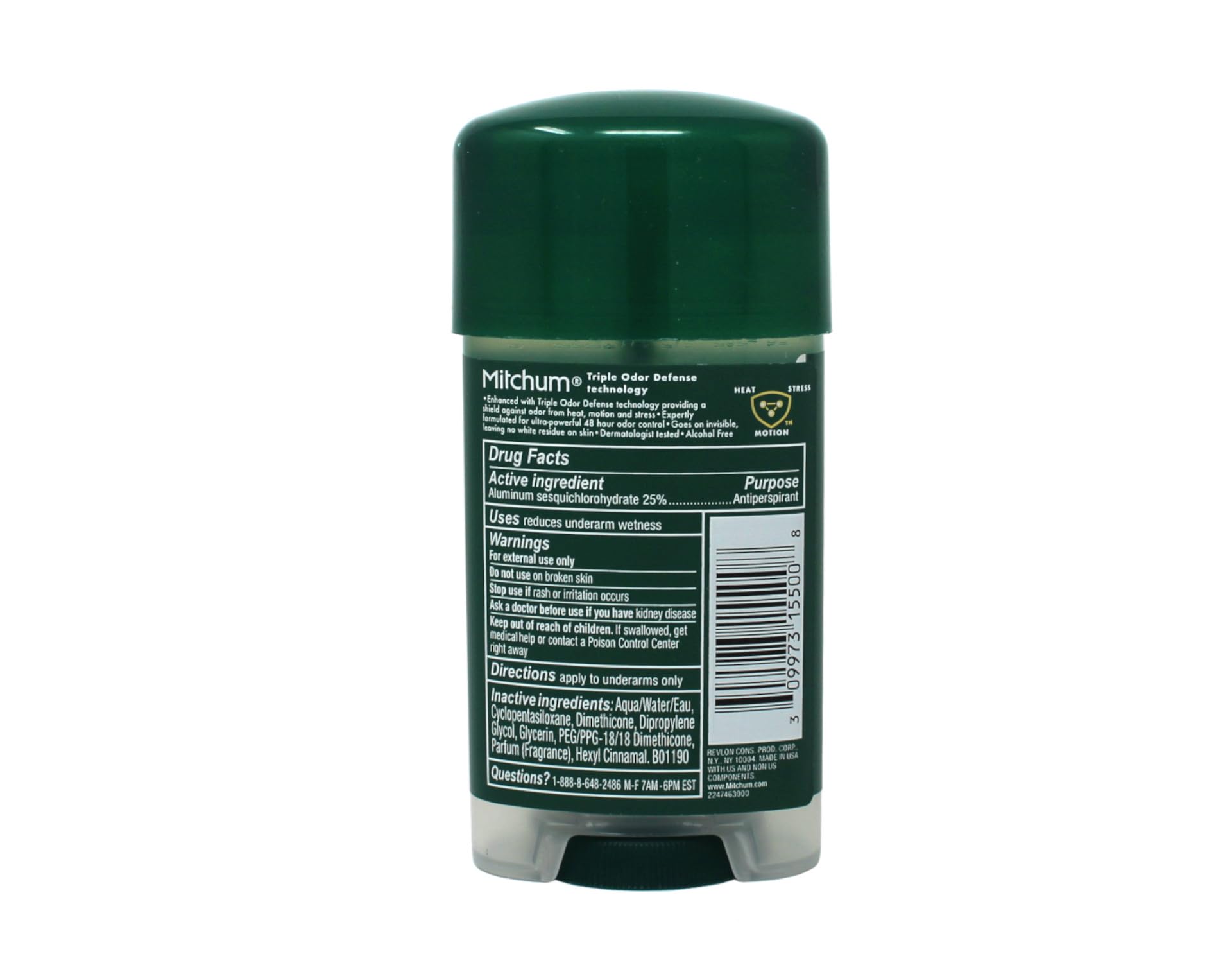 Desodorante Mitchum gel sin perfume, tapa y dispensador visibles, protección todo el día.