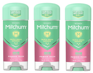 Mitchum desodorante para mujeres gel claro polvo fresco, empaque de tres para uso diario.