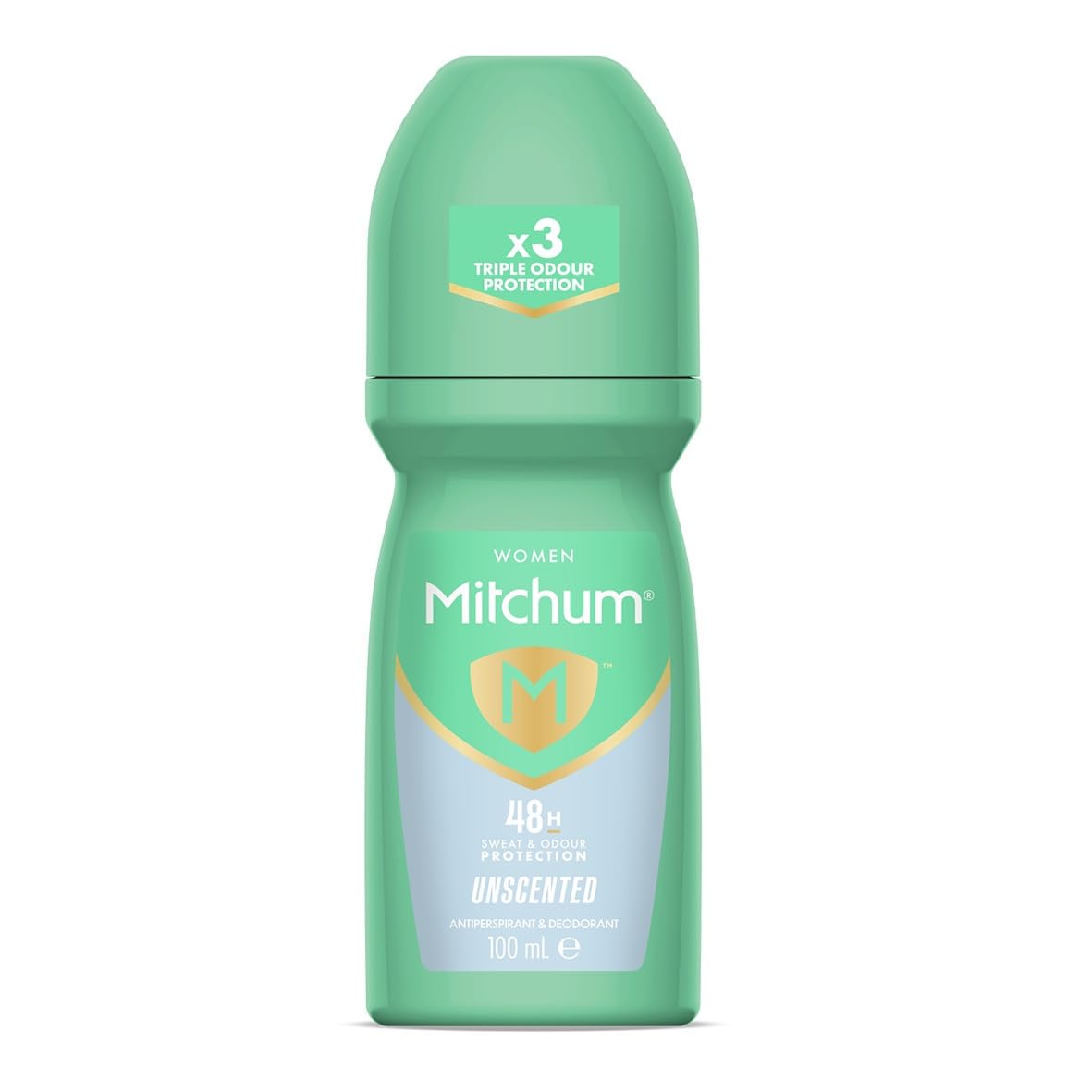 Mitchum Roll-On sin fragancia en botella para piel sensible y uso diario.