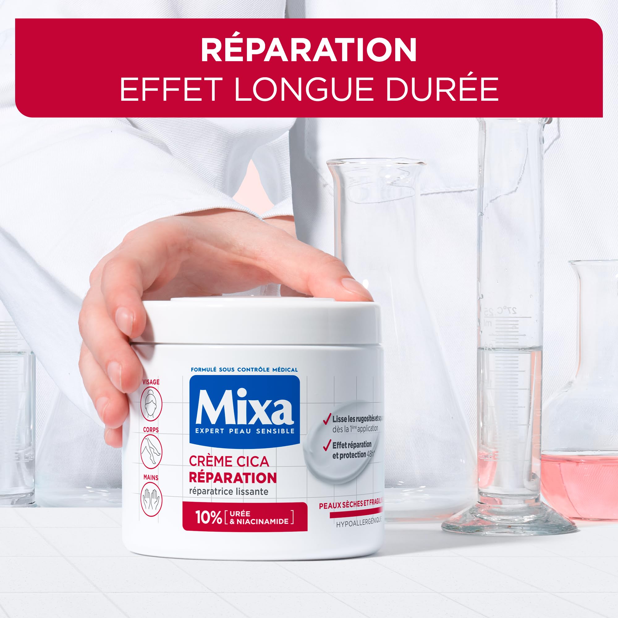 Mixa Crema Cica Reparación con textura ligera y absorción rápida.