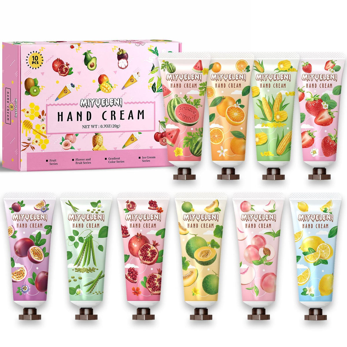 MIYUELENI set de cremas para manos con diez sabores; hidratación suave para todo el día.
