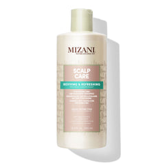 Shampoo Mizani para cuero cabelludo, botella visible, limpieza profunda.