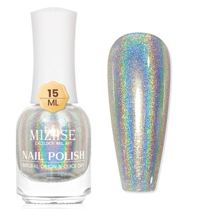Esmalte holográfico MIZHSE plateado con brillo prismático para uñas.
