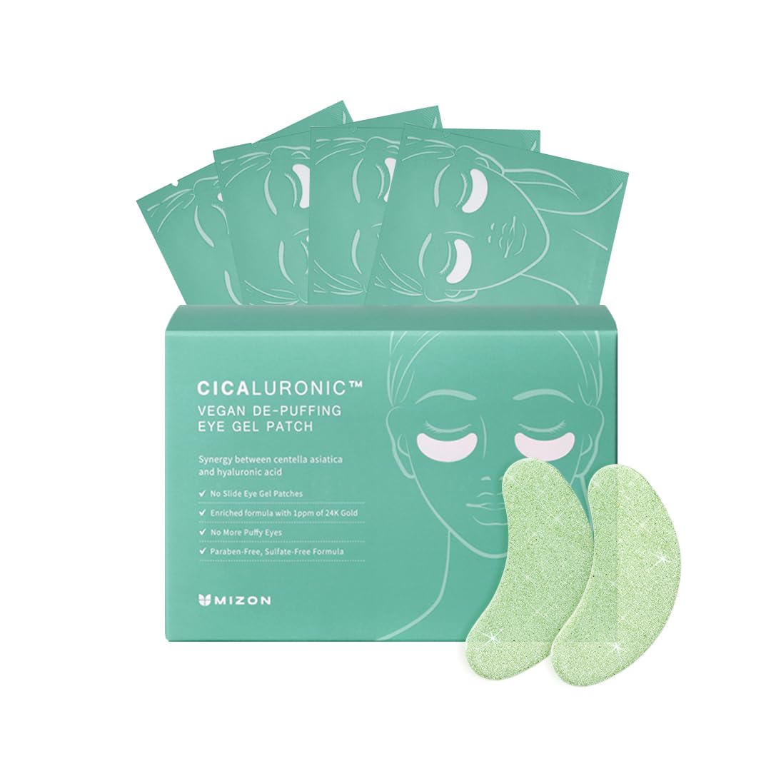 Parche ocular MIZON Cicaluronic vegan con 24K oro para hidratación y frescura.