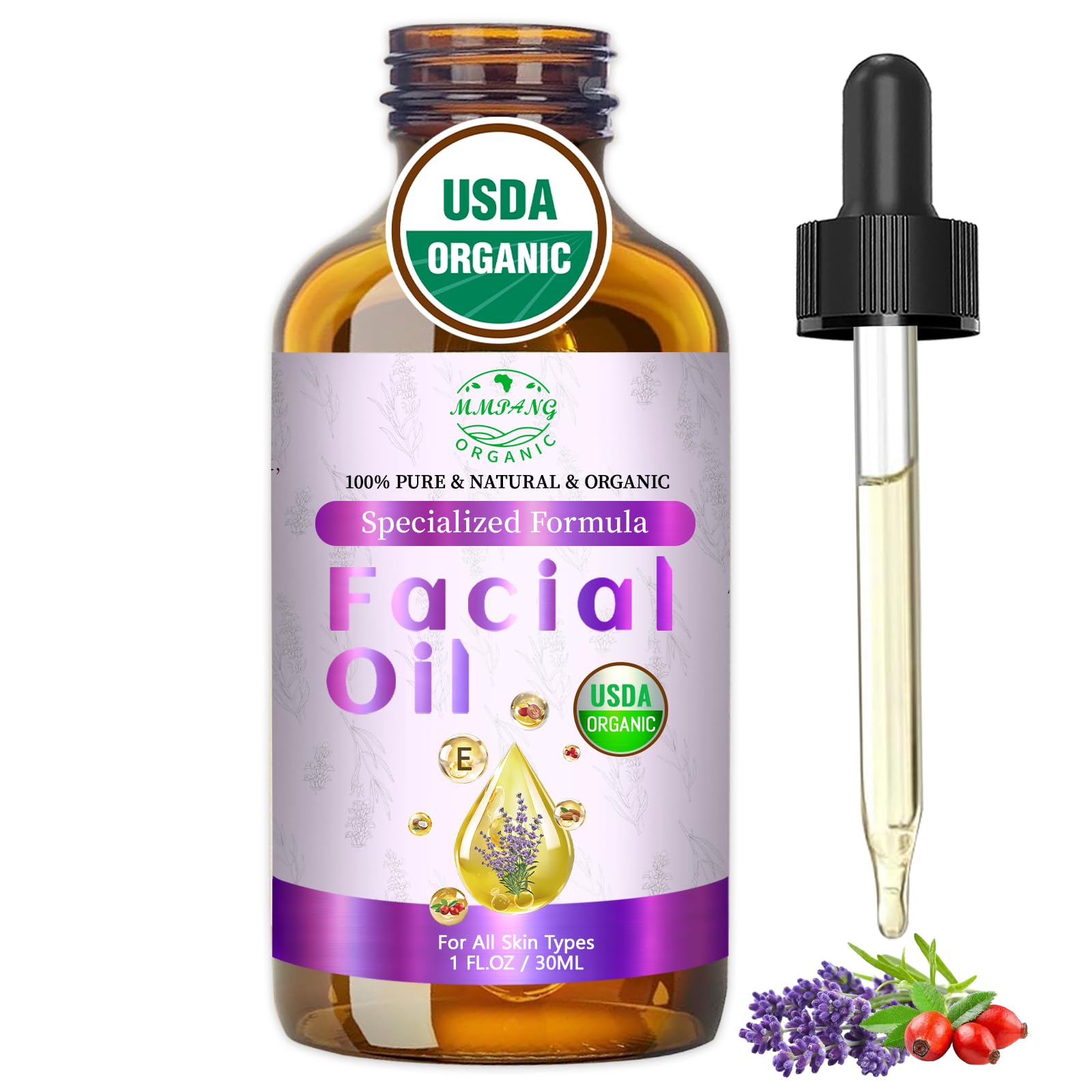 MMPANG Aceite Facial Orgánico: botella de lavanda para hidratación suave.