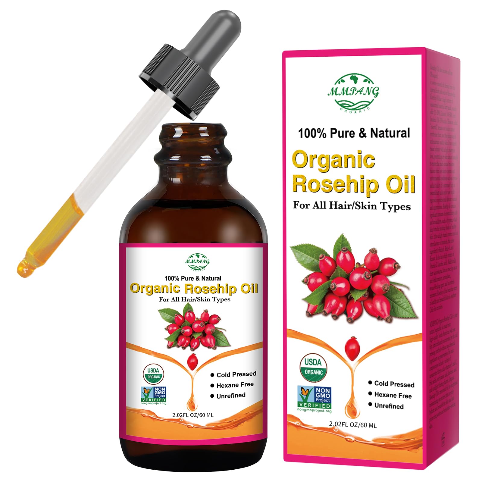 MMPANG Aceite de rosa mosqueta en frasco oscuro para preservar la pureza.