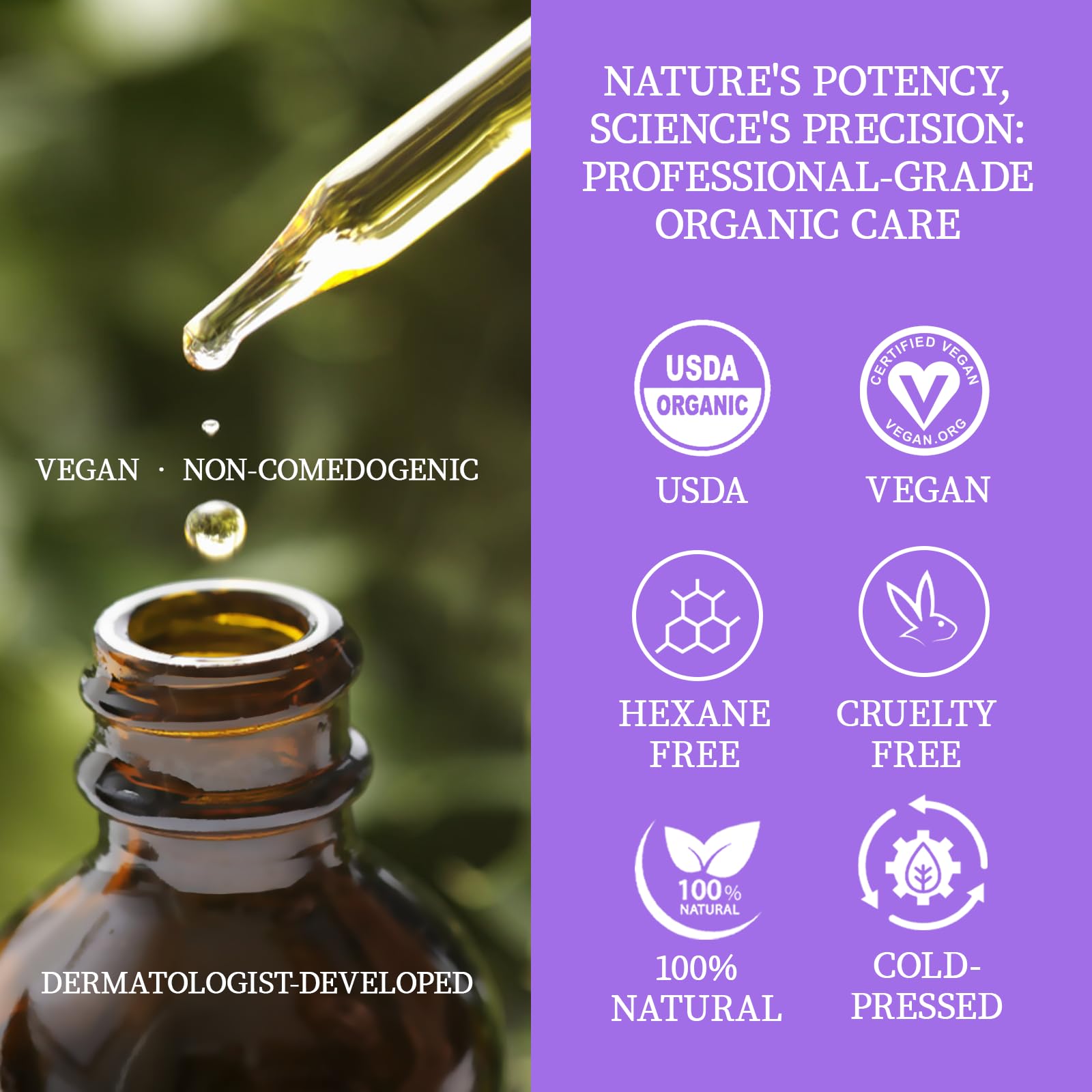 MMPANG Aceite Facial Orgánico: envase de vidrio ámbar para mantener la frescura.