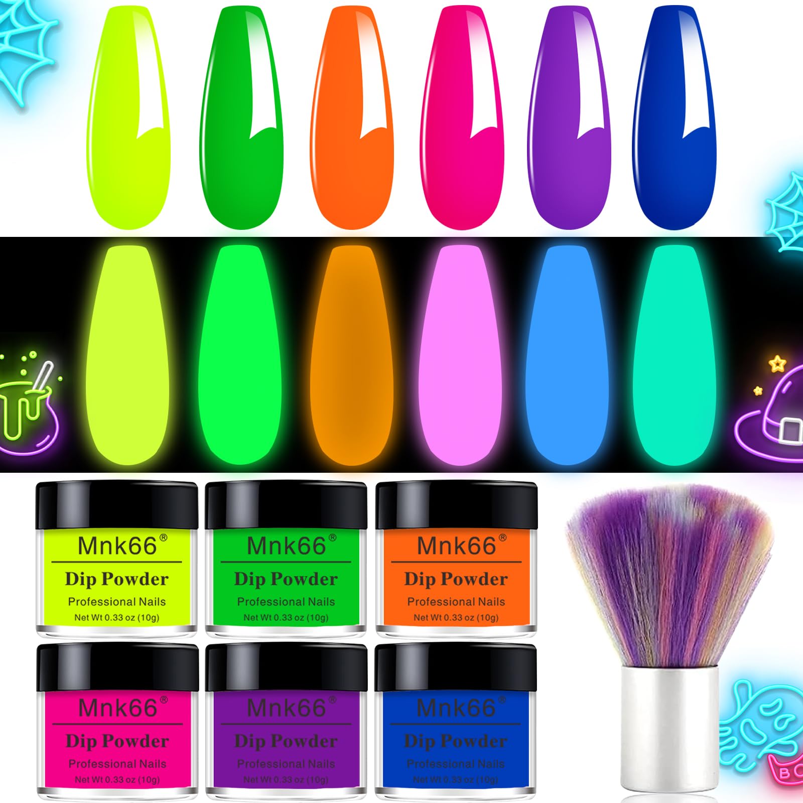 Polvo dip de Mnk66 con brillo nocturno para uñas, 6 colores.