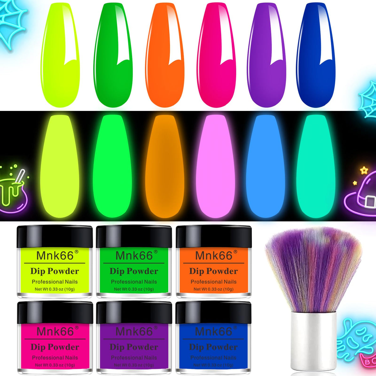 Polvo dip de Mnk66 con brillo nocturno para uñas, 6 colores.