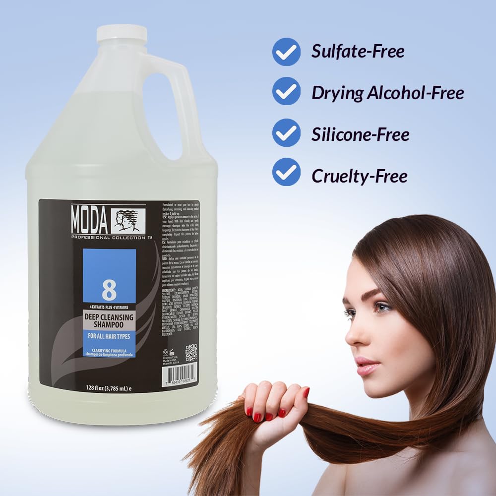 MODA Champú envase 128-oz, perfecto para uso familiar y recargas.