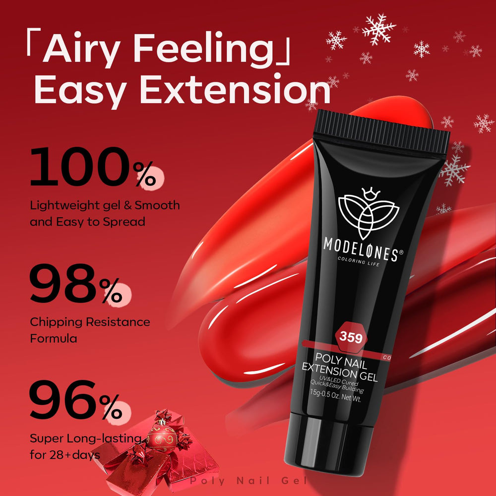 Aplicación y curado de gel poligel rojo de Modelones bajo lámpara UV/LED.