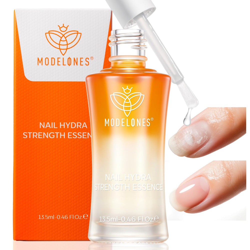 Modelones Nail Strengthener en botella facilita la aplicación para uñas dañadas.
