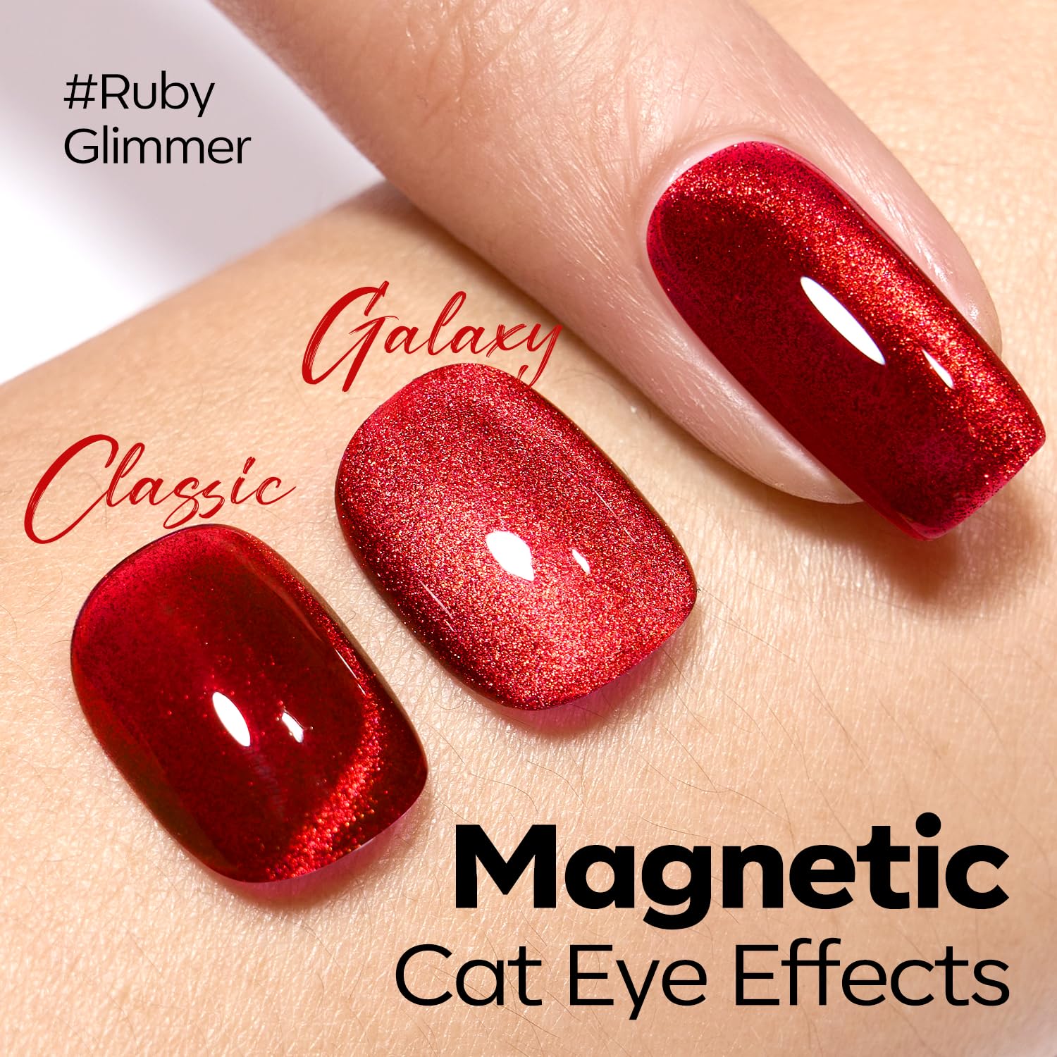 Modelones gel rojo iridiscente con glitter para acabado glamuroso.